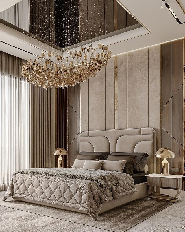 Textured geometric WPC accent wall in a modern bedroom, paired with minimalist floating shelves