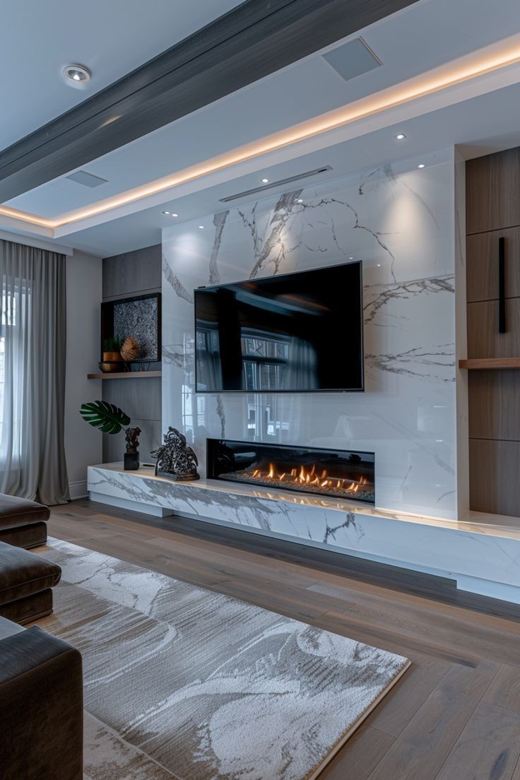 Custom WPC paneling around a fireplace, unifying entertainment and cozy aesthetics.
