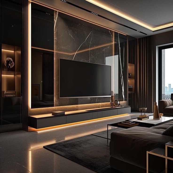 WPC TV wall with sliding panels to conceal electronics, ideal for minimalist living spaces