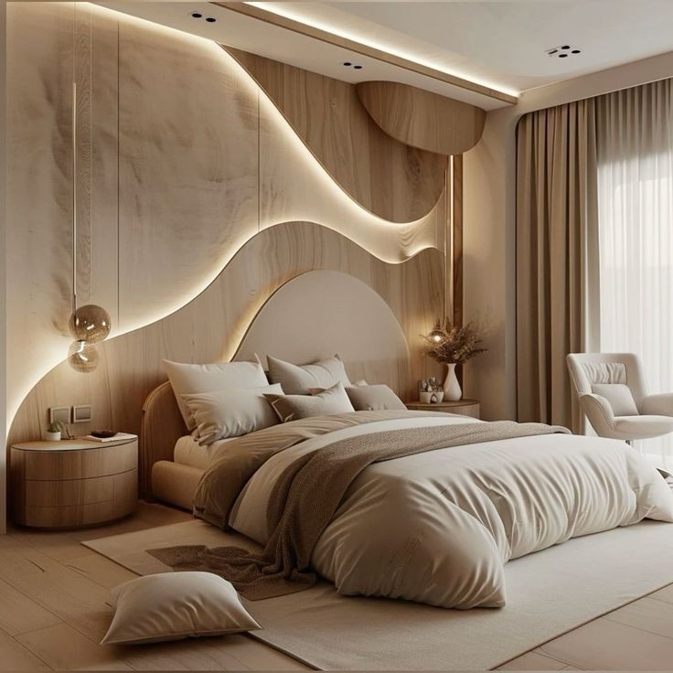 Penthouse bedroom with WPC-paneled media wall, automated blackout shades, and bespoke seating