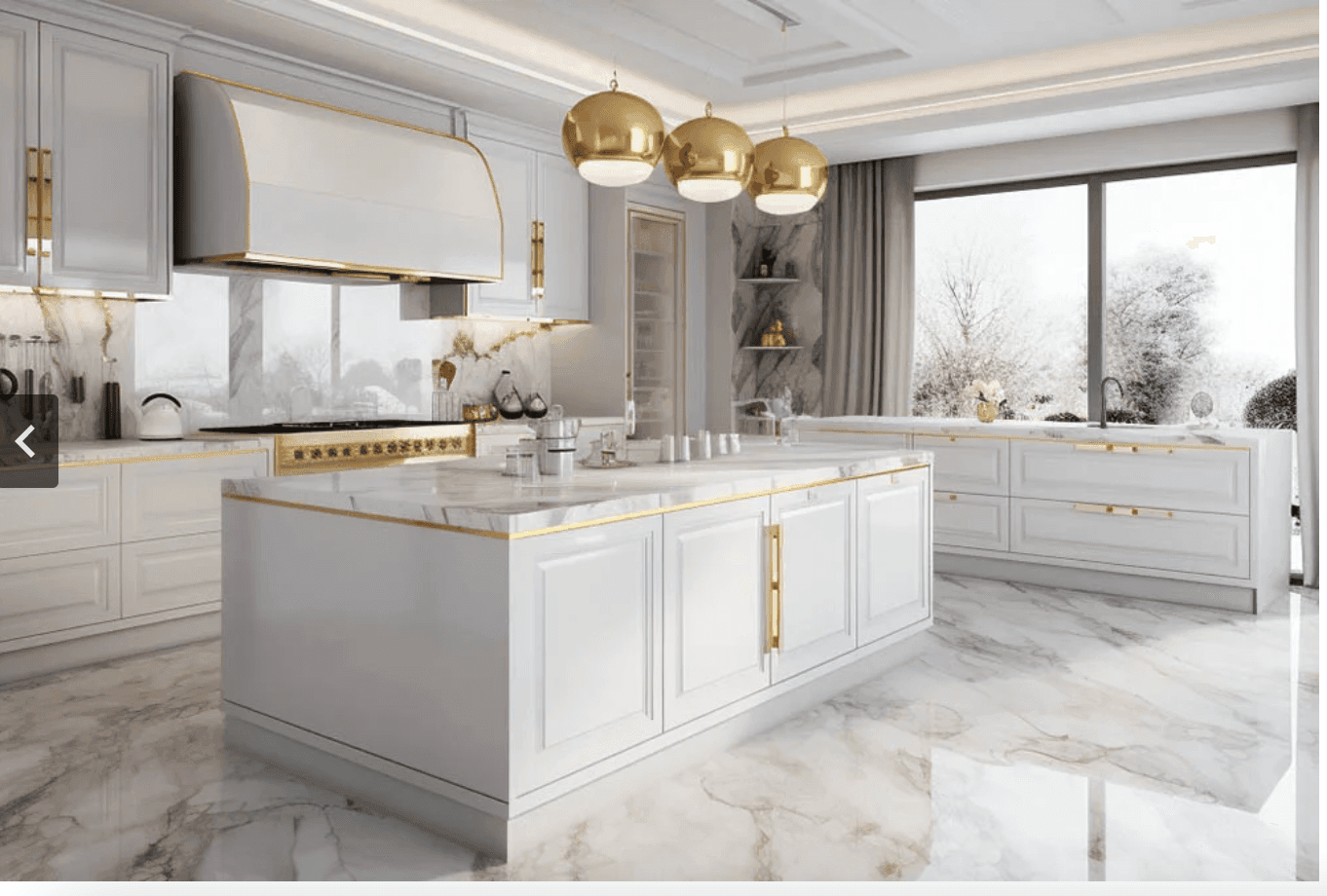 White geometric-patterned WPC panels behind a stove, combining style with easy-to-clean surfaces.