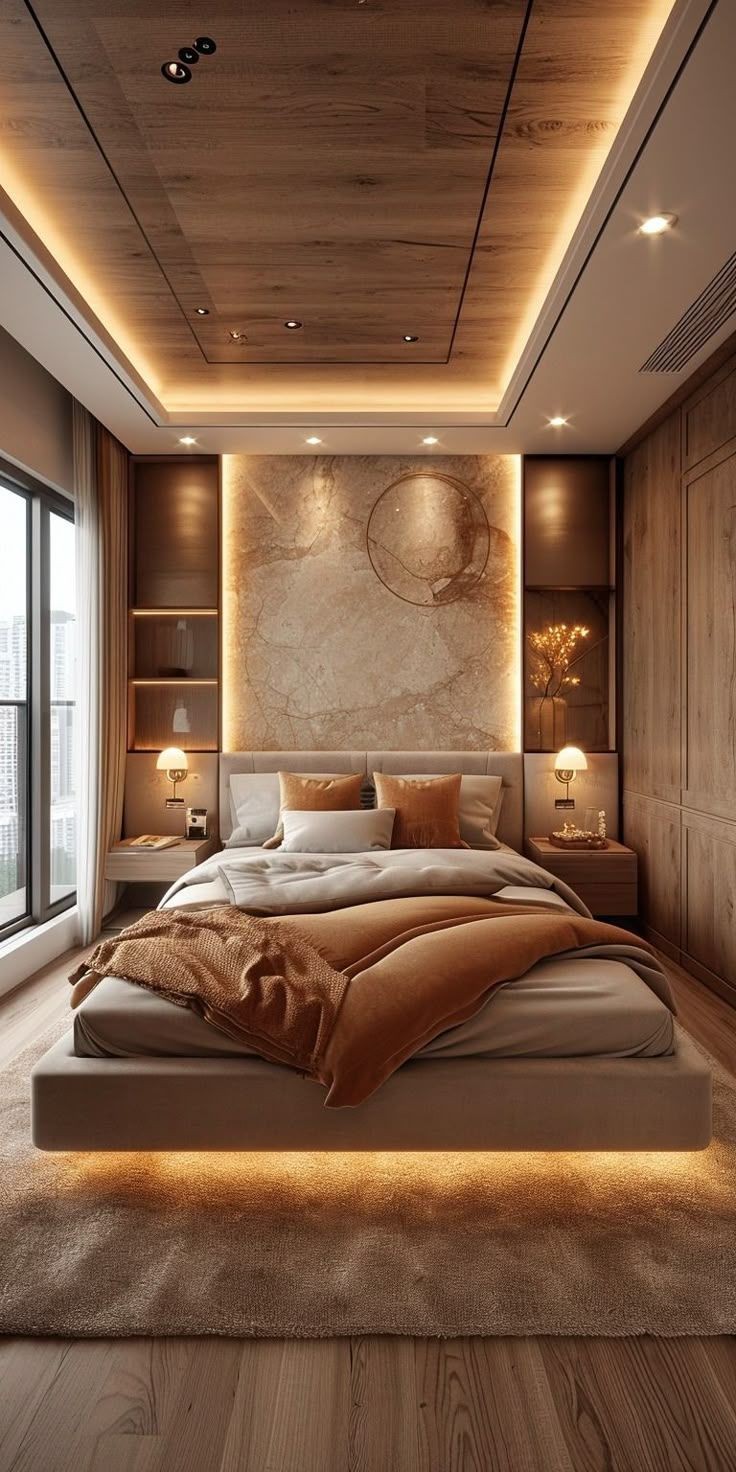3D rendering of a bedroom with custom WPC feature walls and a hidden TV panel