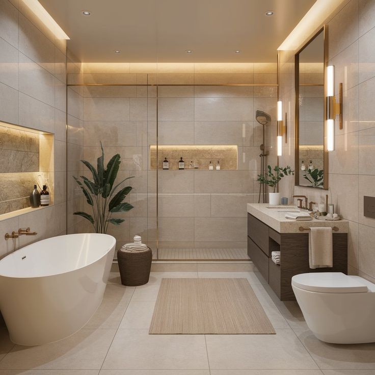 Contemporary bathroom with geometric-patterned WPC feature wall and floating vanity