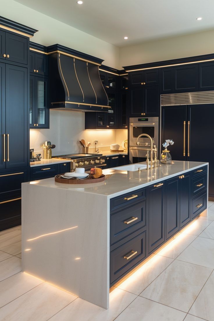 D rendering of a kitchen with custom WPC island cladding and waterfall countertops