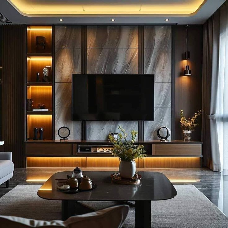 3D rendering of a living room with curved WPC accent walls and a floating media console