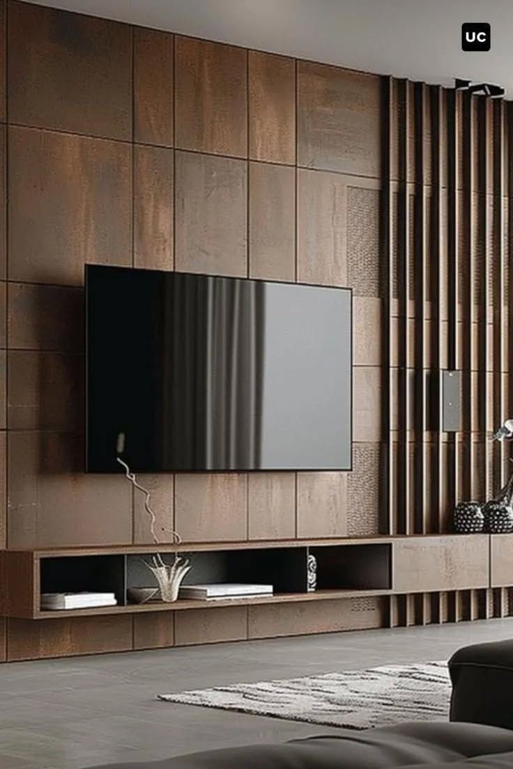 Modern WPC media wall framing a 75” TV, flanked by built-in shelving for a streamlined Toronto condo