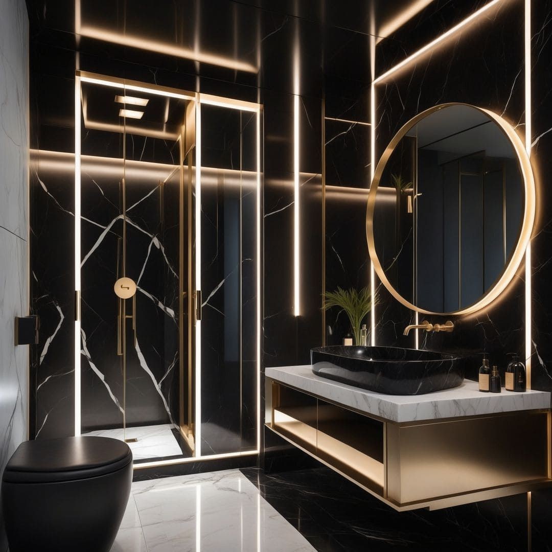 Wipe-clean WPC surface in a high-traffic family bathroom, showcasing stain-resistant properties 