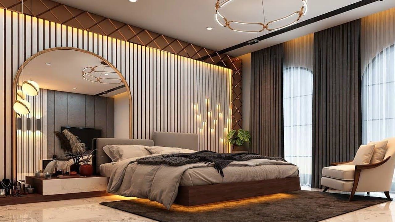 Scandinavian-style bedroom with white WPC slatted panels, neutral linens, and natural wood accents