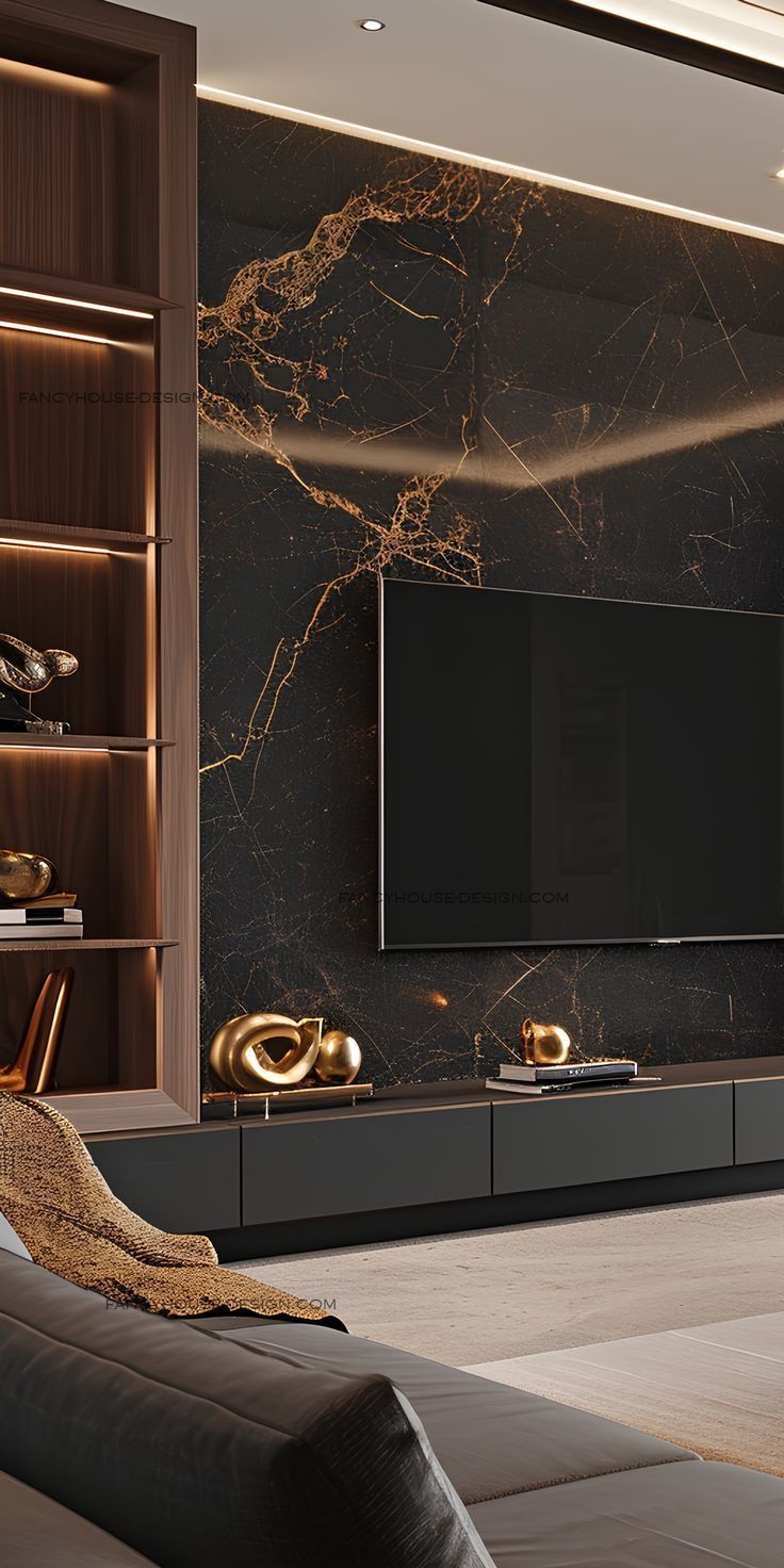 WPC accent wall with integrated storage niches and LED lighting, maximizing small-space functionality