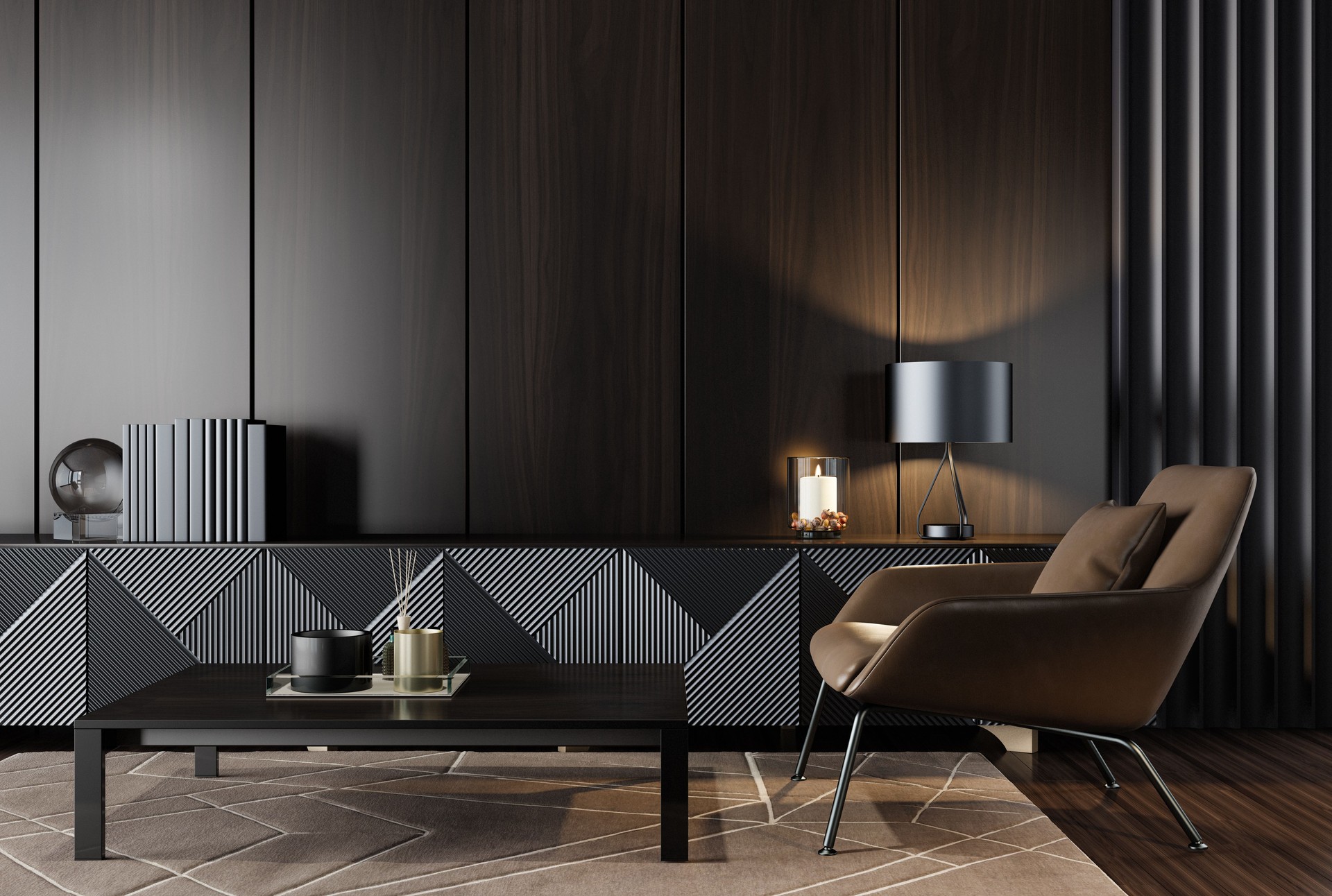 Luxury black and natural wood living room interior with wood paneling on wall