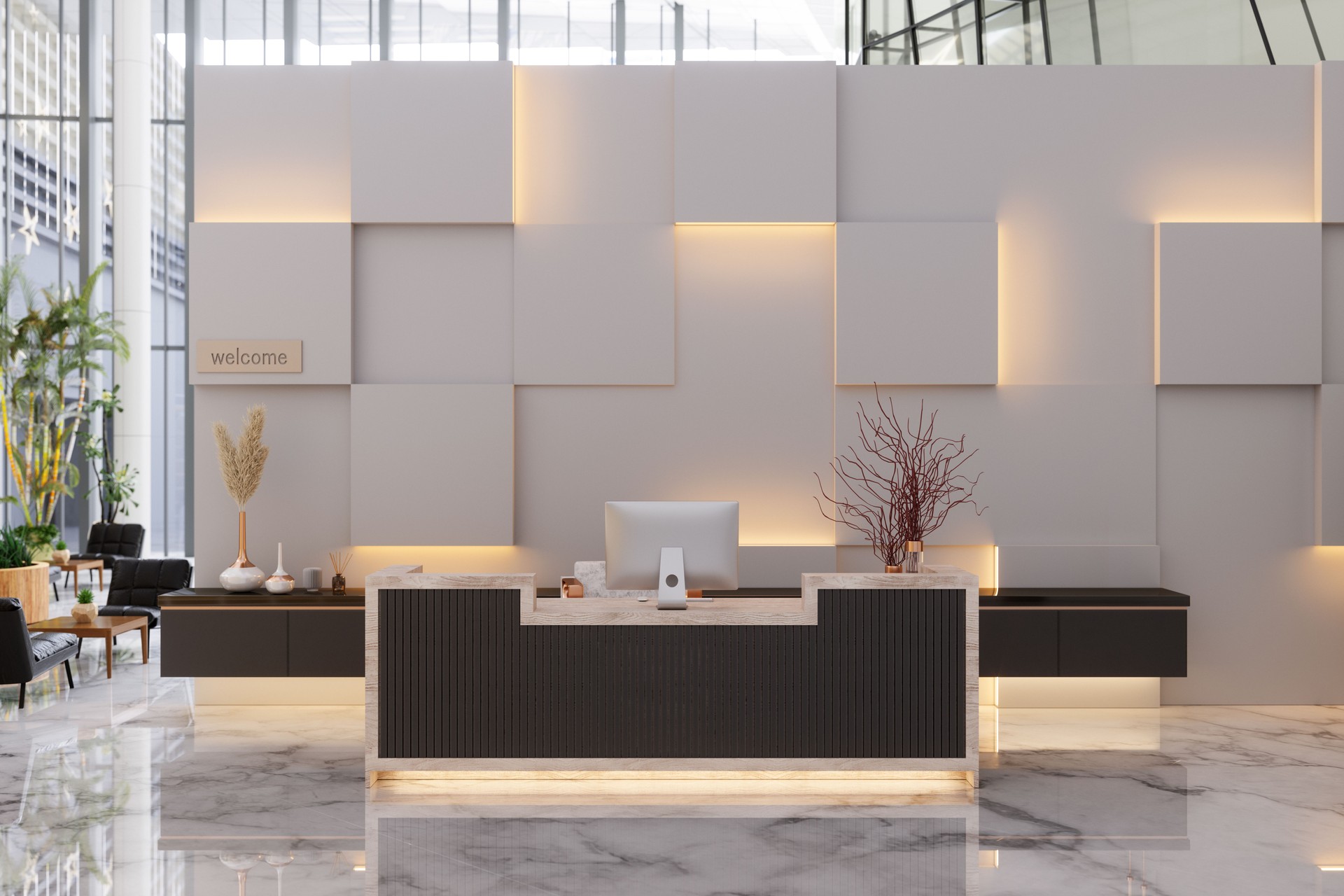 Front View Of Reception Desk In Luxury Hotel Or Company Lobby Entrance. Lounge Area With Black Colored Leather Armchairs Background.